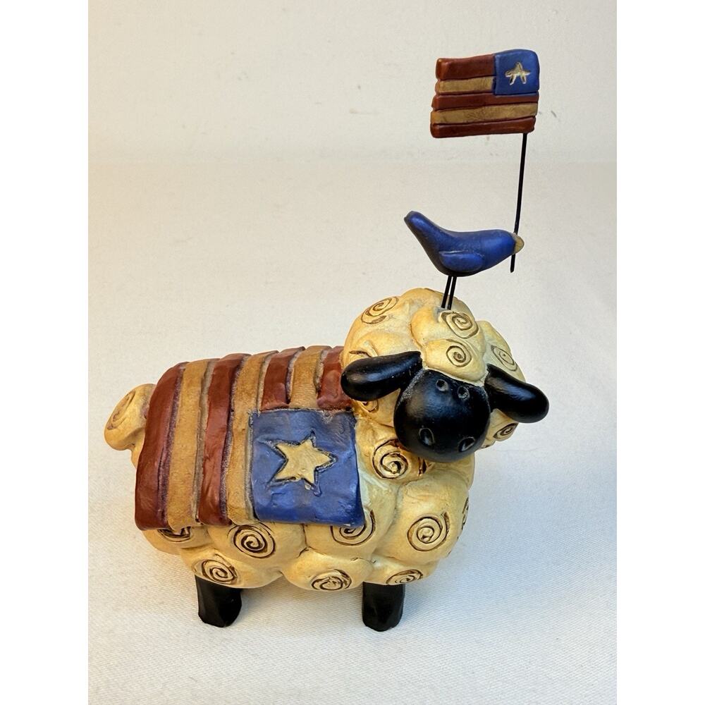 Suzi Skoglund Patriotic Sheep Americana Folk Art Figurine Bird W/ Flag